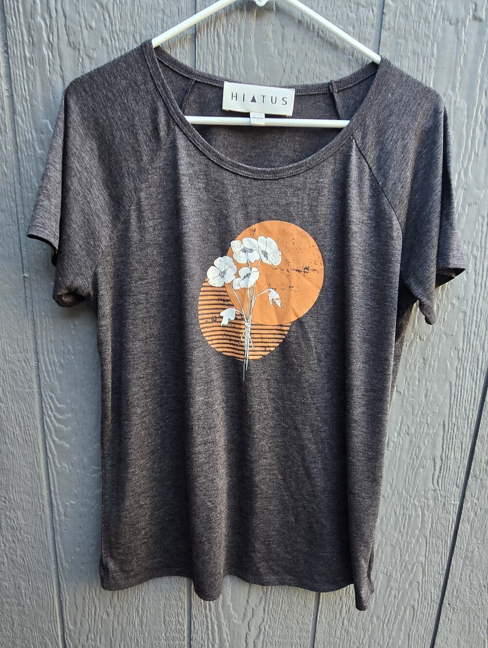 Hiatus Gray T-Shirt With Orange Moon And Flowers